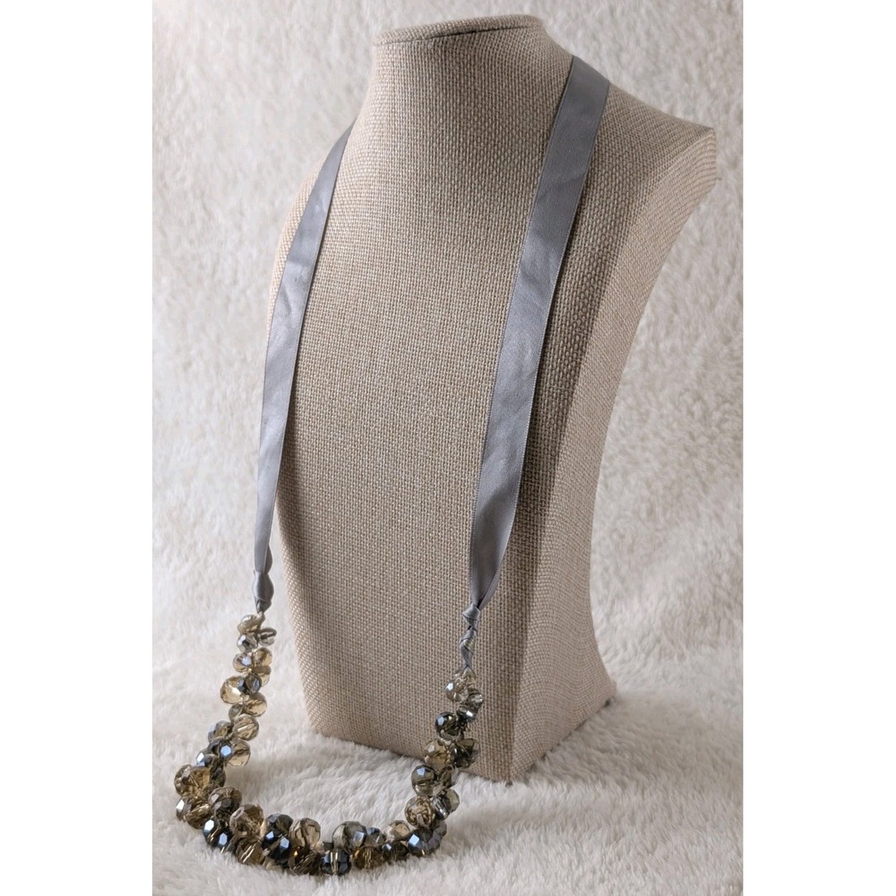 Ann Taylor Loft Smoky Grey Faceted Crystal Beaded Satin Ribbon Necklace NWT‎ 32"